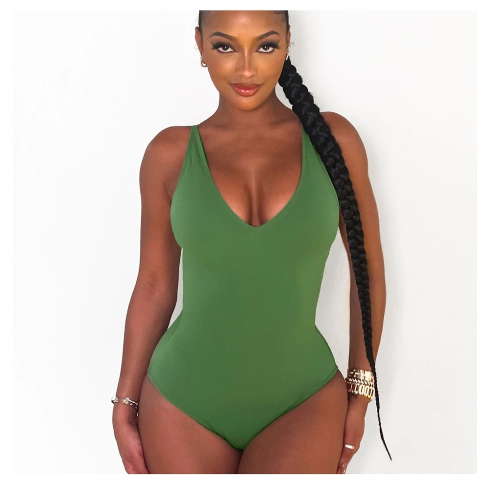 Classic Green V-Neck One-Piece Swimsuit